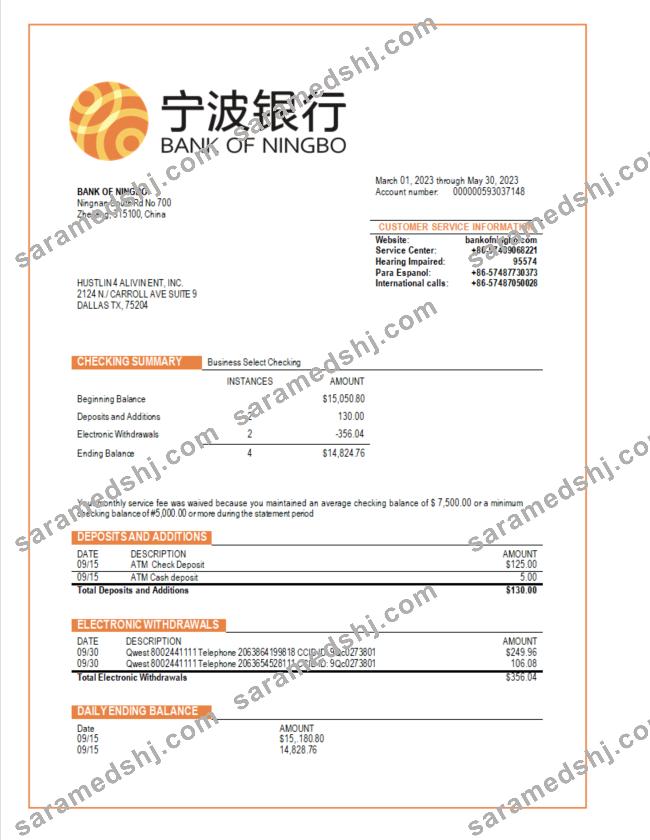 Bank of Ningbo business bank statement Word and PDF template